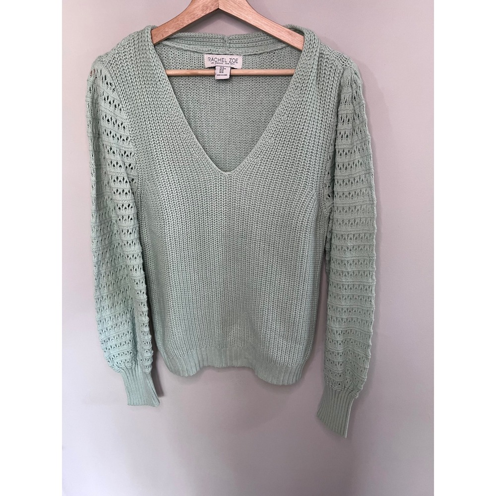 Rachel Zoe Womens Mint Green Pointelle Puff Sleeve V-Neck Shaker Knit Sweater M